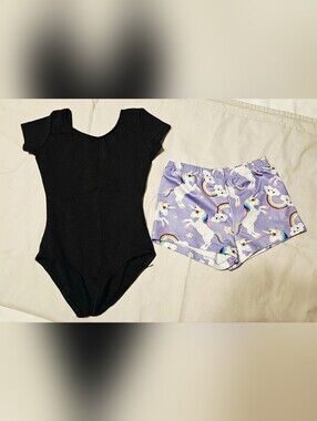 Girls Size Small Gymnastics Set | Black  Leotard + Purple Unicorn Rainbow Shorts